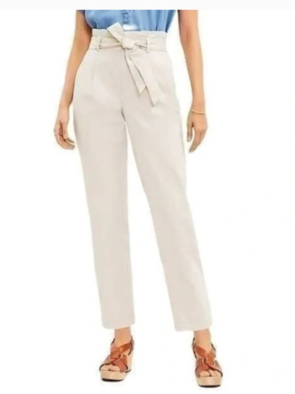 LOFT Women's Cream Tapered Linen-Blend Chinos with Waist Tie Size S New‎